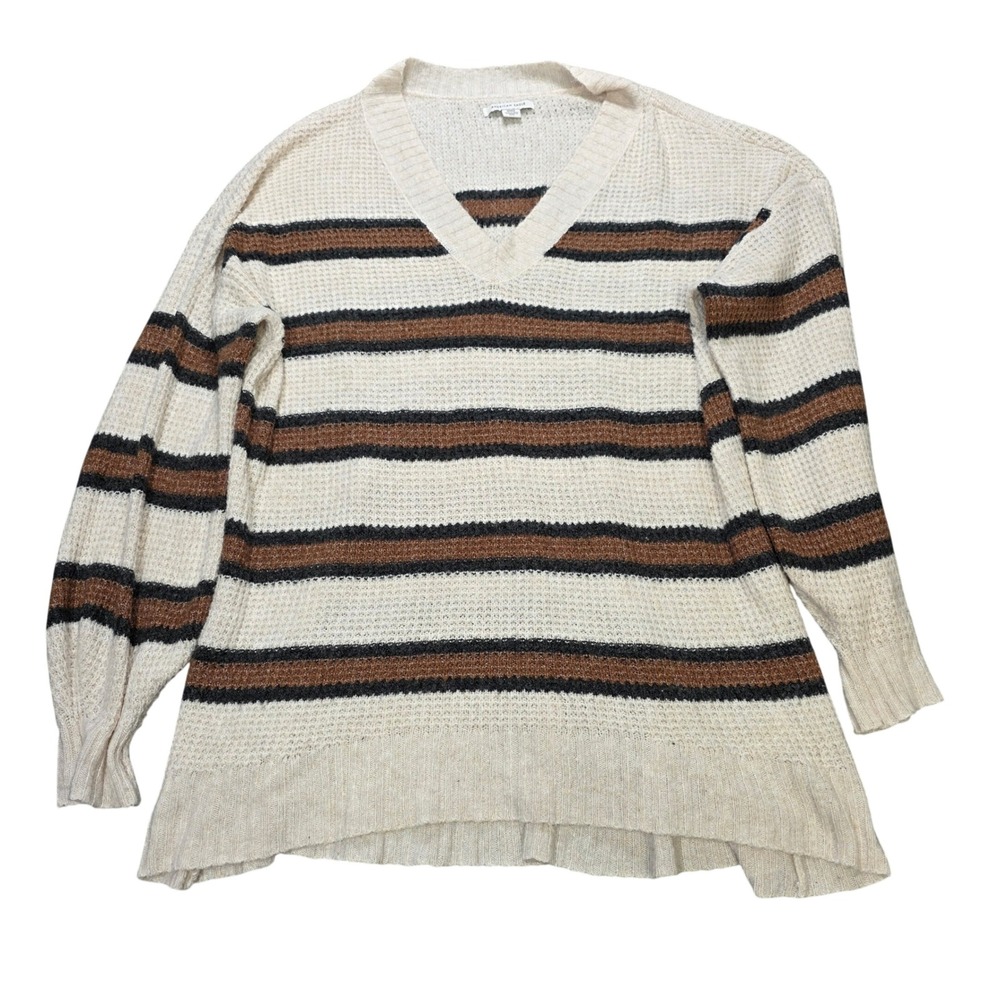 American Eagle Waffle Knit Sweater Women's Size M Cream Brown Striped V-Neck